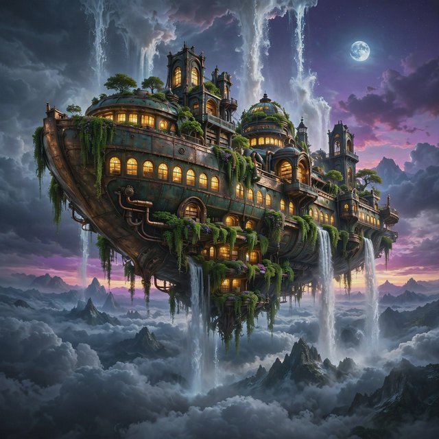 A colossal floating archive-ship drifts above storm clouds, its bronze hull wrapped in hanging gardens and luminous windows, while waterfalls spill into the sky. Distant mountain peaks pierce the cloud sea beneath a violet sunset and cold silver moonlight. — Muse Image 1.0