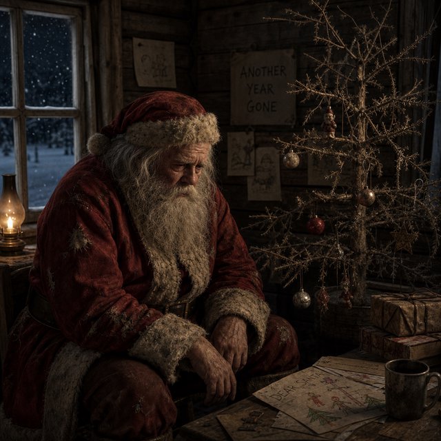 A melancholic, somewhat disheveled Santa Claus in a worn, dirty coat. He sits in his cabin at the North Pole next to a desolate, needleless Christmas tree, its decorations hanging only sporadically. The aura radiates a quiet despair. — GPT Image 2