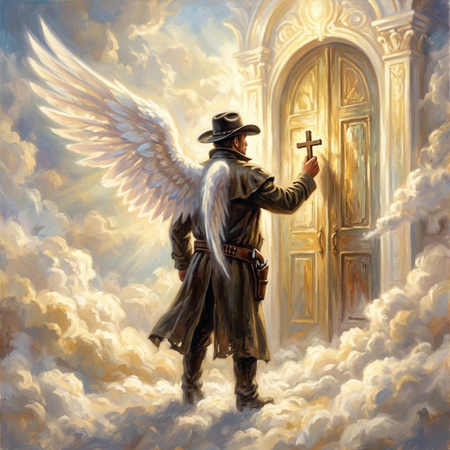 Create a painted image of a frontier lawman in heaven, facing away from the camera with angel wings. He is standing on a ground made of clouds, with a door in front of him. Holding a cross, he uses it to knock on the door. — Nano Banana 2.1