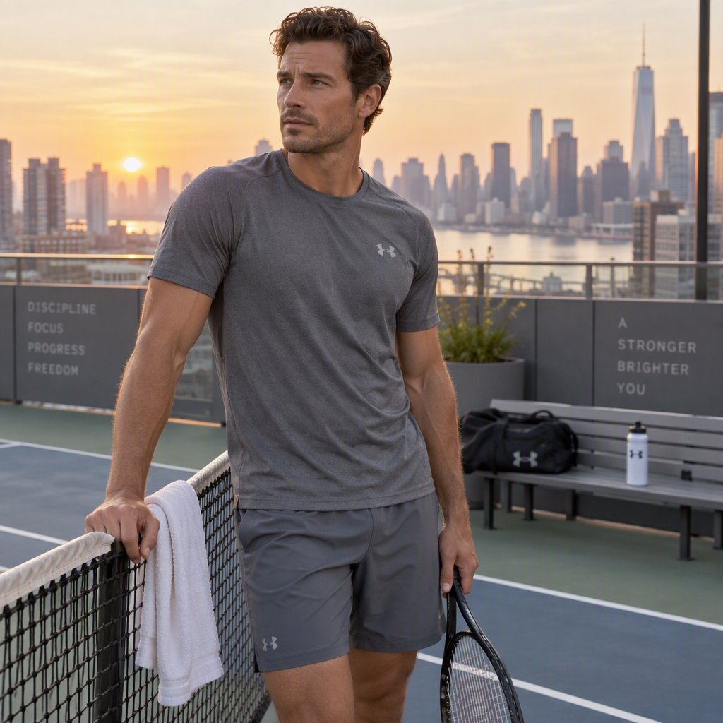 Editorial glamour photograph of an adult man in a slate-gray fitness set, pausing naturally beside a rooftop tennis court at sunrise, soft flattering light catching his focused expression and the city skyline beyond. — GPT Image 2.5 Sunburst