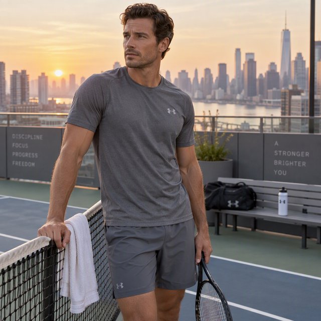 Editorial glamour photograph of an adult man in a slate-gray fitness set, pausing naturally beside a rooftop tennis court at sunrise, soft flattering light catching his focused expression and the city skyline beyond. — GPT Image 2.5 Sunburst