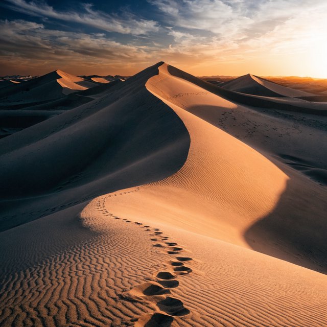 Sand dunes at sunset with wind-blown ridges, one set of footprints, deep blue sky fading to orange. — Recraft v4