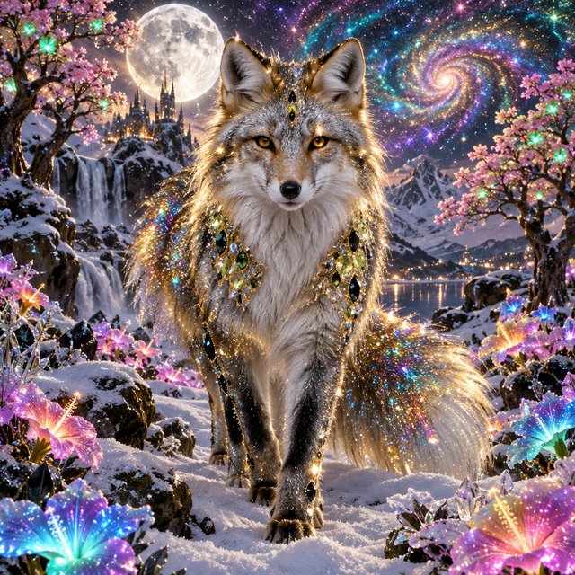 A fantasy still photography image of a majestic silver and gold fox, its fur coat features a breathtaking fiber-optic rainbow-glitter that shimmers with dense prismatic sparkles shifting vibrantly under the ethereal moonlight, the fox features deep silver undertones across its thick coat and is perched proudly in a front-facing posture, its fur is intricately adorned with embedded polished peridot and shimmering onyx that catch the glowing light, it is walking in an enchanted snow filled landscape filled with multicolored bioluminescent hibiscus flowers blooming in radiant neon shades and blooming pink bioluminescent trees with glowing green blossoms, the background features a dramatic full moon and a vibrant multicolored starry sky filled with multicolored swirling galaxy, a soft ethereal glow illuminates the fox's commanding silhouette, razor-sharp focus on its piercing golden eyes, magical realism style, fantasy art. — GPT Image 2.5 Sunburst