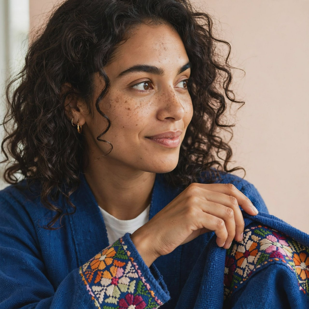 Fashion portrait of an adult Latina woman in her late 20s wearing a handwoven cobalt-blue cotton jacket, one hand touching its embroidered cuff, curious half-smile, against a pale peach studio backdrop, soft diffused window light shaping her face. — Muse Image 1.0