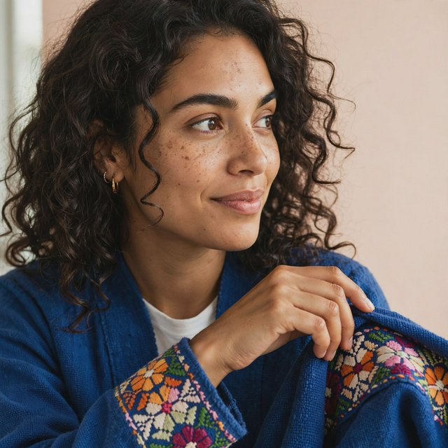 Fashion portrait of an adult Latina woman in her late 20s wearing a handwoven cobalt-blue cotton jacket, one hand touching its embroidered cuff, curious half-smile, against a pale peach studio backdrop, soft diffused window light shaping her face. — Muse Image 1.0