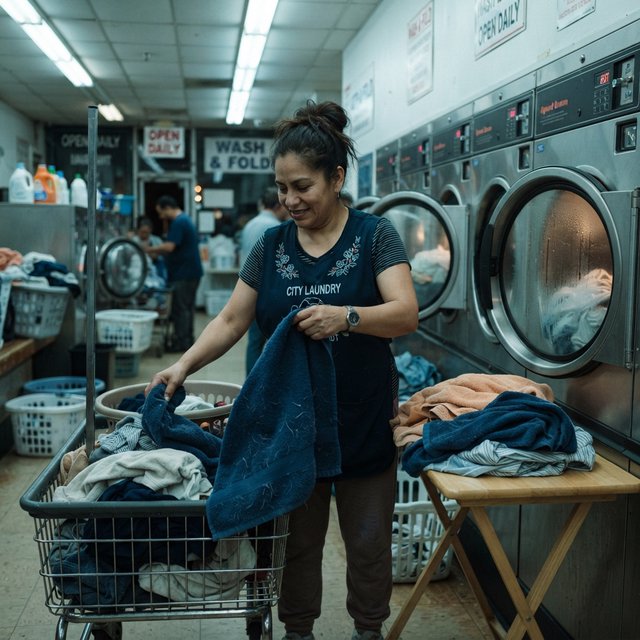 Candid documentary photograph of an adult laundromat attendant sorting warm clothes beside humming machines, cool fluorescent light, 50mm lens with moderate depth of field, loose lint clinging to a blue towel and faint condensation on the glass doors. — Nano Banana 2 Lite