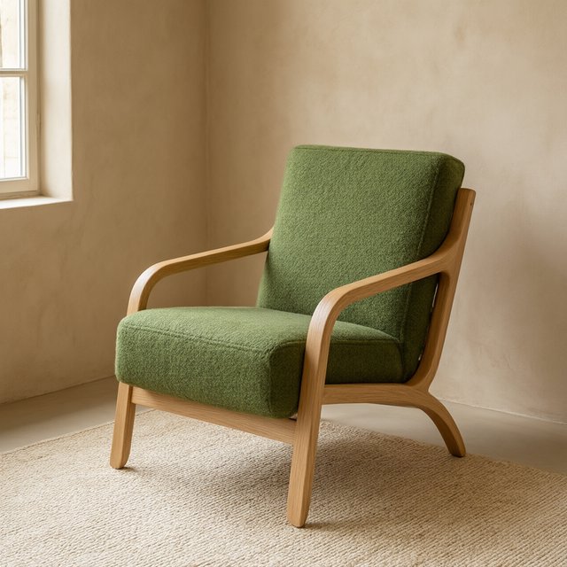 In a quiet reading-room corner, an unbranded lounge chair pairs a curved ash frame with nubby moss-green wool upholstery, set on a pale jute rug before a warm plaster wall; broad window diffusion and soft bounce shape this commercial product image, with no lettering. — Qwen Image 3.0