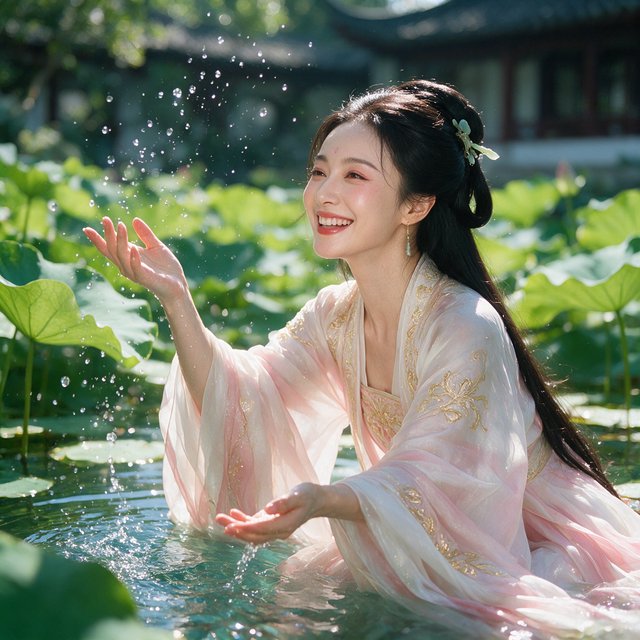 Cinematic shot, a breathtakingly stunning adult Chinese woman from ancient times playing joyfully by a crystal-clear lotus pond, mid-summer afternoon. She is wearing an exquisite, flowing silk Hanfu dress in pastel pink and white with intricate gold embroidery. Her face is porcelain-smooth, with delicate makeup, long black hair elegantly styled with jade hairpins, and a radiant, charming smile. Water droplets frozen in mid-air, sunlight filtering through lush green lotus leaves, creating dappled light on her skin. Shallow depth of field, bokeh background of traditional Chinese architecture, hyper-realistic, soft natural lighting, serene yet playful atmosphere. — Seedream 5.0 Pro