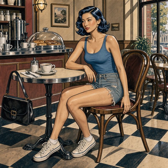 Classic American adventure-comic art with a strong 1930s–1950s pulp and Hollywood glamour influence. Exceptionally polished pen-and-ink draftsmanship, elegant controlled outlines, varied line weight, precise feathering, restrained crosshatching, and carefully placed solid blacks. Realistic but gracefully idealized anatomy, believable weight and balance, expressive naturalistic faces, and subtle character acting. Attractive characters with vintage glamour, sculpted features, and meticulously rendered hair. Strong three-dimensional form, convincing fabric folds, polished metal, leather, and other materials rendered with clarity and care. Romantic retro adventure atmosphere, richly detailed without clutter. Traditional hand-inked comic look, restrained flat colors. Avoid modern superhero exaggeration, extreme musculature, heavy digital rendering, and photorealism. A beautiful Asian woman sits at a cafe table, legs crossed. Blue tank top, torn shorts, sneakers, short bob hair dyed blue. — Model 1