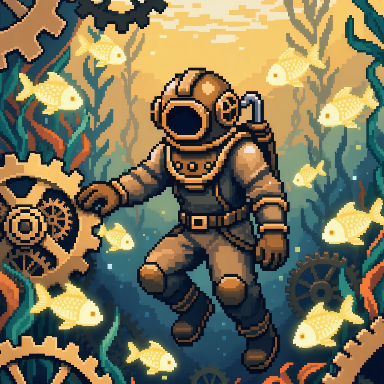 A brass-suited adult diver explores a submerged clockwork garden, where kelp curls around sunken gears and tiny fish glow in the dark; pixel art illustration, palette of teal, copper, midnight blue, and lemon yellow. — Kling v3 Omni