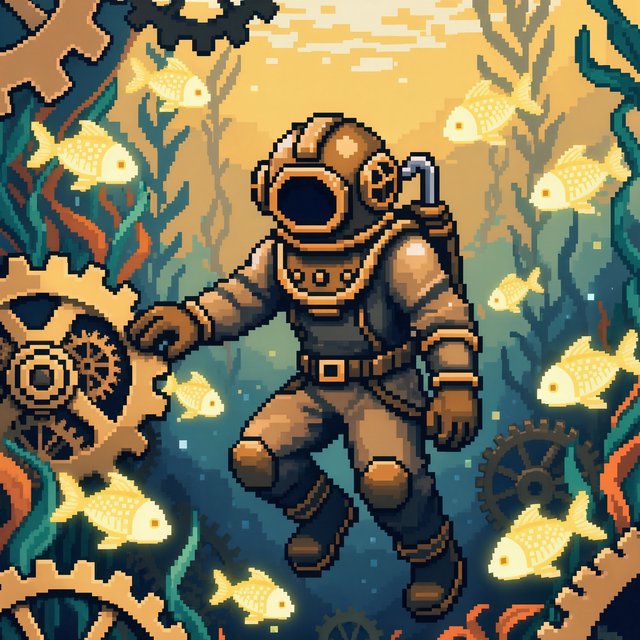 A brass-suited adult diver explores a submerged clockwork garden, where kelp curls around sunken gears and tiny fish glow in the dark; pixel art illustration, palette of teal, copper, midnight blue, and lemon yellow. — Kling v3 Omni