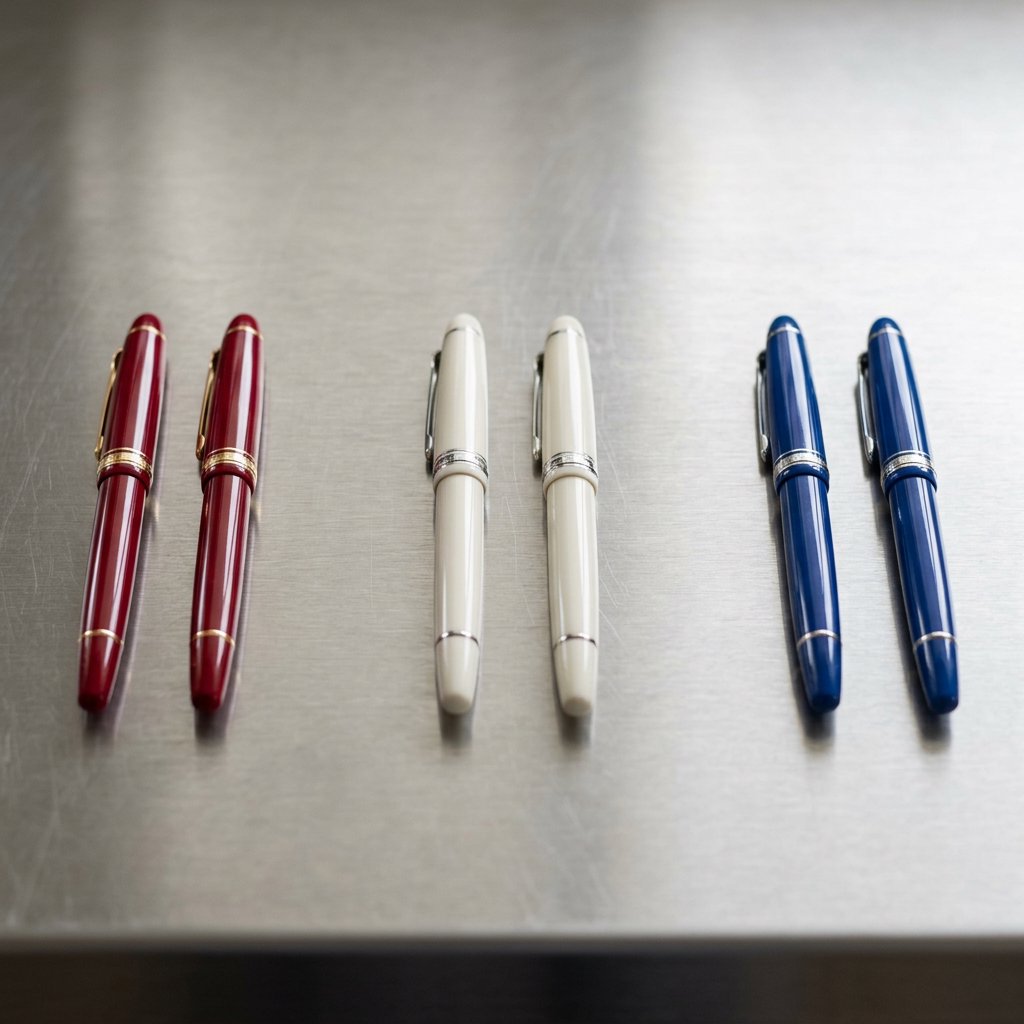 Across a brushed steel counter, exactly six fountain pens rest in three groups: two crimson pens on the left, two ivory pens in the center, and two cobalt pens on the right; nothing else. — Nano Banana 2.1