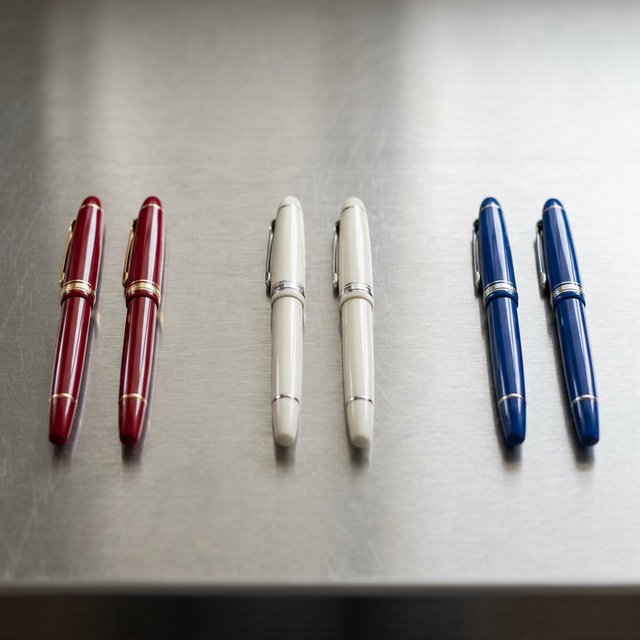 Across a brushed steel counter, exactly six fountain pens rest in three groups: two crimson pens on the left, two ivory pens in the center, and two cobalt pens on the right; nothing else. — Nano Banana 2.1