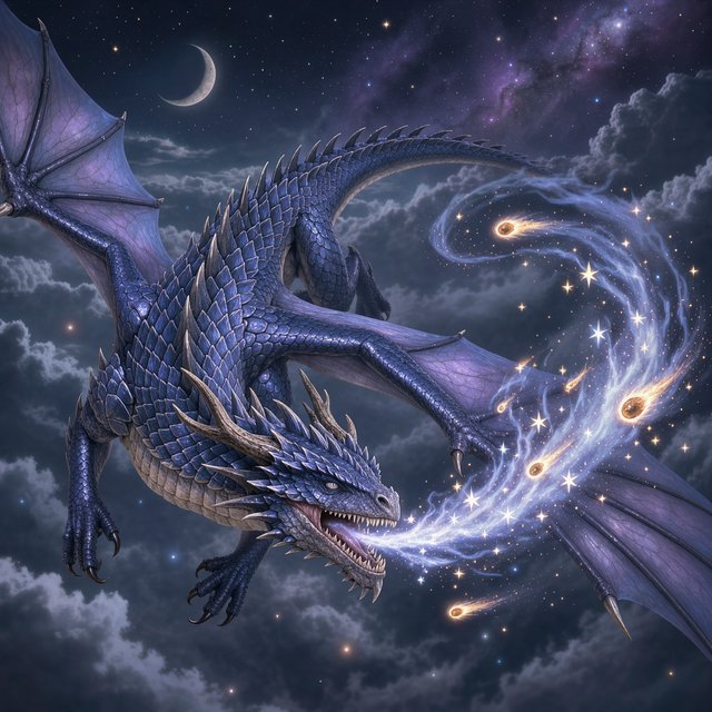 A beautiful, ethereal dragon flying through the skies breathing star flames. Detailed scales. — FLUX 3 Image
