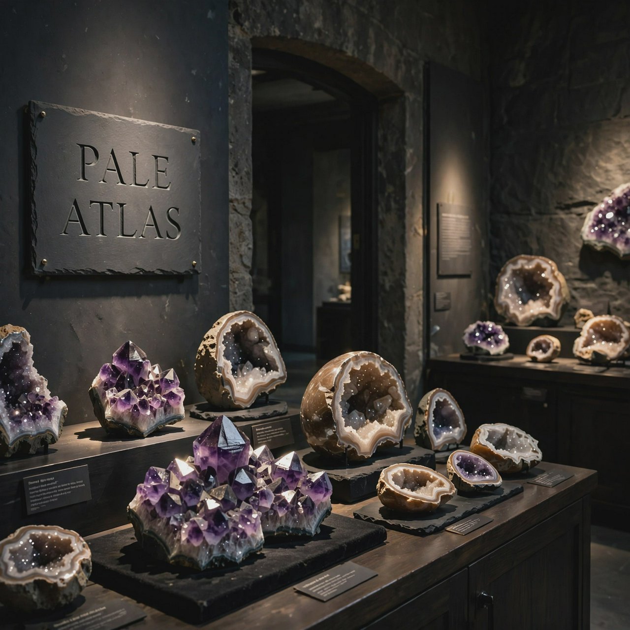 Within a quiet mineral gallery, amethyst clusters and polished geodes catch pools of light; "PALE ATLAS" is carved in clean capitals across a slate plaque beside the entrance. — Muse Image 1.0