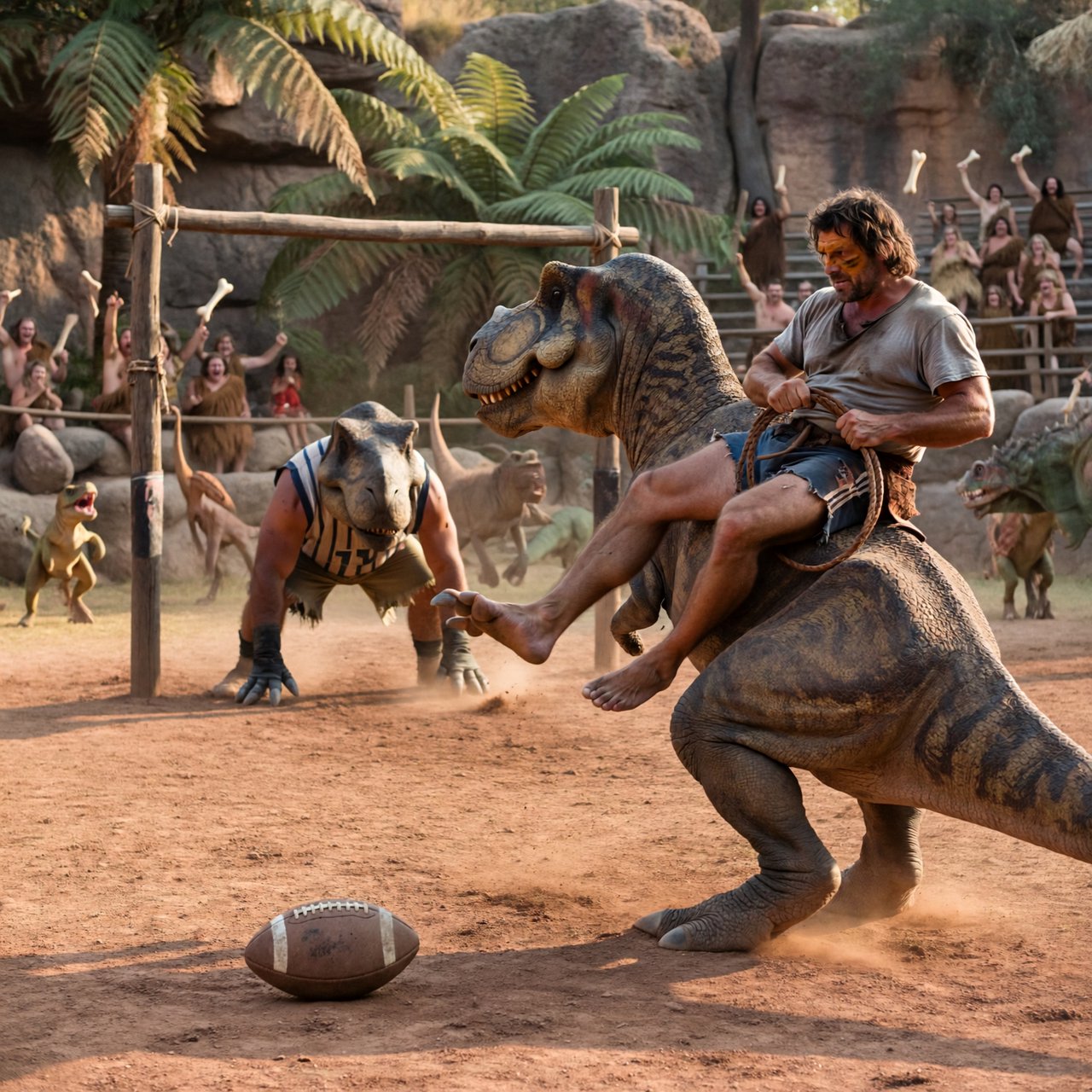 Wide shot of a golden-hour prehistoric football match, photorealistic, cinematic. A weathered, muscular adult caveman with ochre face paint sits upright on a plump medium T-Rex's back, gripping a braided leather leash. The mounted T-Rex strains mid-kick, wearing a tiny faded grey cotton T-shirt riding up over its scaled shoulders and frayed athletic shorts bunched at its hips, one massive clawed foot cocked back behind a pockmarked 3ft stone football. A weathered timber goalpost stands 20 yards ahead; the opposing T-Rex goalie hunches ready in a sleeveless striped jersey #1 and grass-stained shorts, claws dug into dusty red earth. Sunlit bleachers line the natural rock arena: cheering adult cave families wave bone flags, assorted small dinosaurs bounce and roar along the sidelines, warm late-afternoon light gilds fern fronds and dinosaur scales, soft long shadows stretch across the playing field, playful triumphant atmosphere, sharp focus on the kicking T-Rex, shallow depth of field on spectators. — ImagineArt 2