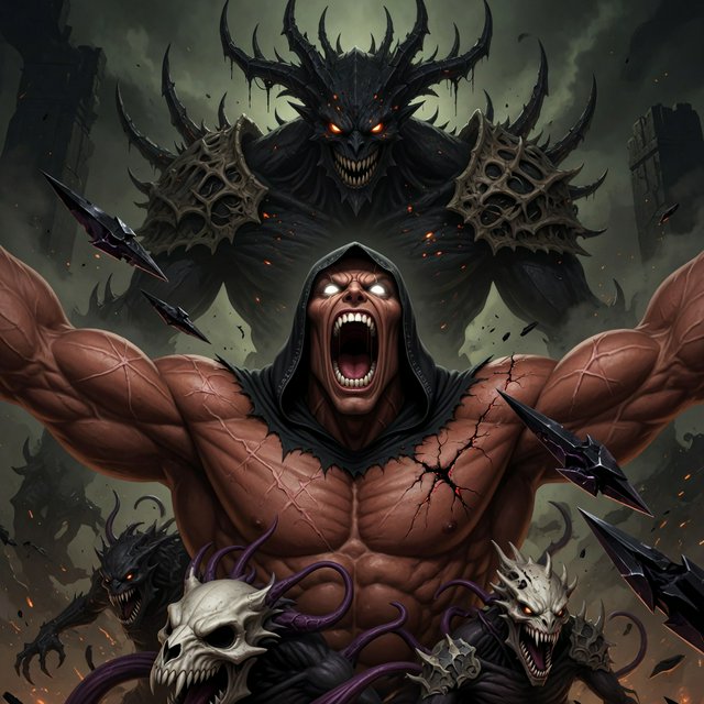 A colossal muscular berserker erupts in a primal roar, framed from the waist upward at a dramatic low angle. His head tilts back, glowing ivory eyes fixed upward, mouth stretched impossibly wide with clearly defined teeth and a cavernous dark interior. A close-fitting black hood frames his angular face, while his bare bronze-red torso displays monumental musculature, fine scars, and jagged surface fissures. Both upper arms thrust outward, elbows and hands beyond the frame, creating a broad, forceful silhouette. Behind him looms a towering obsidian demon with a crown of needlelike horns, scattered ember eyes, a serrated grin, and massive shoulders formed from twisted organic armor. Smaller snarling creatures coil across the lower foreground, their skull-like heads and hooked tendrils overlapping his waist. Razor-shaped fragments sweep diagonally through the scene, directing attention toward his illuminated face and chest. A ruined abyss recedes through smoky olive-green and charcoal haze. — Grok Imagine Image Quality