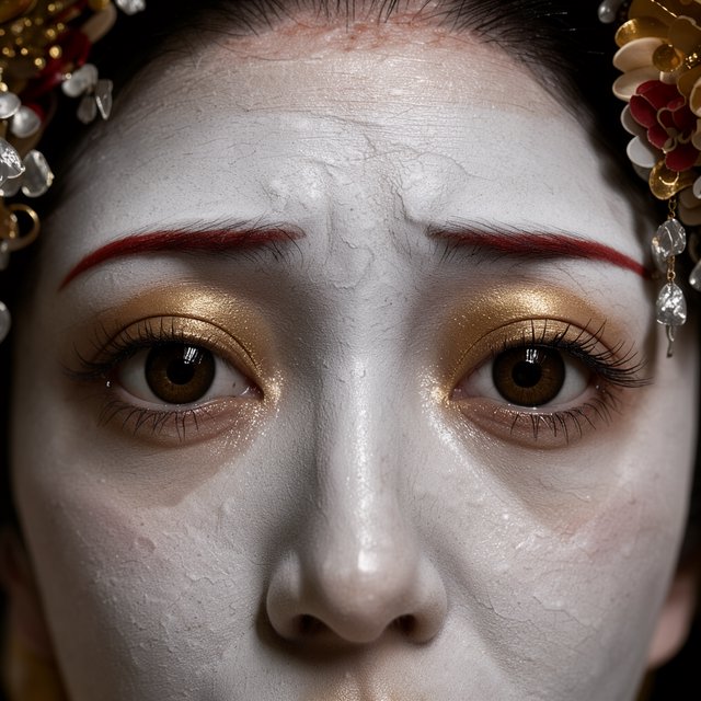 Extreme close-up macro photography of a Geisha's face. The focus is on her eyes, revealing intense emotion and hyper-realistic detail. Her skin is covered in traditional white 'Oshiroi' makeup, showing subtle, realistic cracking and skin texture. Dramatic Chiaroscuro lighting with deep shadows and a single soft light source highlighting the shimmer in her golden eyeshadow and the wetness of her eyes. Ornate kanzashi (hair ornaments) visible in the blurred periphery with intricate silk flowers and dangling silver petals. Cinematic composition, shot on 100mm macro lens, incredibly detailed eyelashes and iris patterns. — Model 2