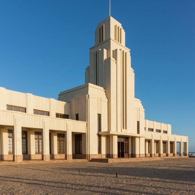Exterior of a coastal Art Deco ferry terminal, cream limestone, dark bronze window frames, stepped geometric tower and sheltered arcade, late-morning sunlight casting sharp shadows, viewed from across a windswept stone forecourt, realistic architectural photography with precise lines and plausible structure. — Kling v3 Omni