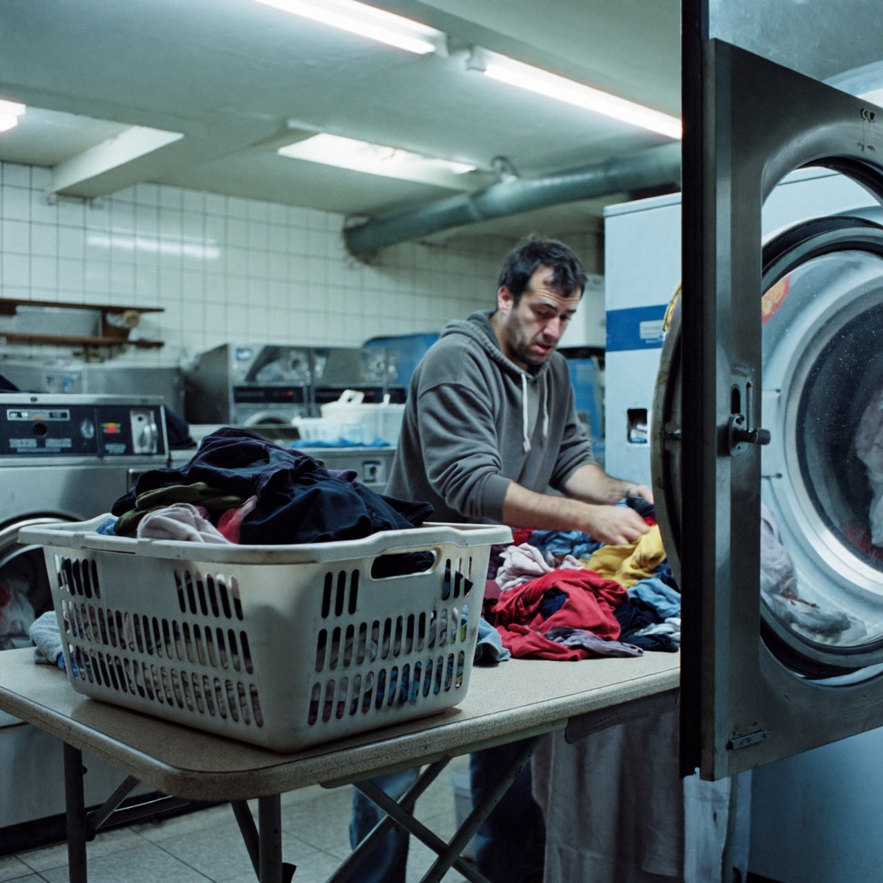 Candid documentary photograph of an adult sorting laundry in a neighborhood laundromat, cool fluorescent light, 35mm lens with moderate depth of field, lint specks floating near a tumbling dryer door. — ImagineArt 2