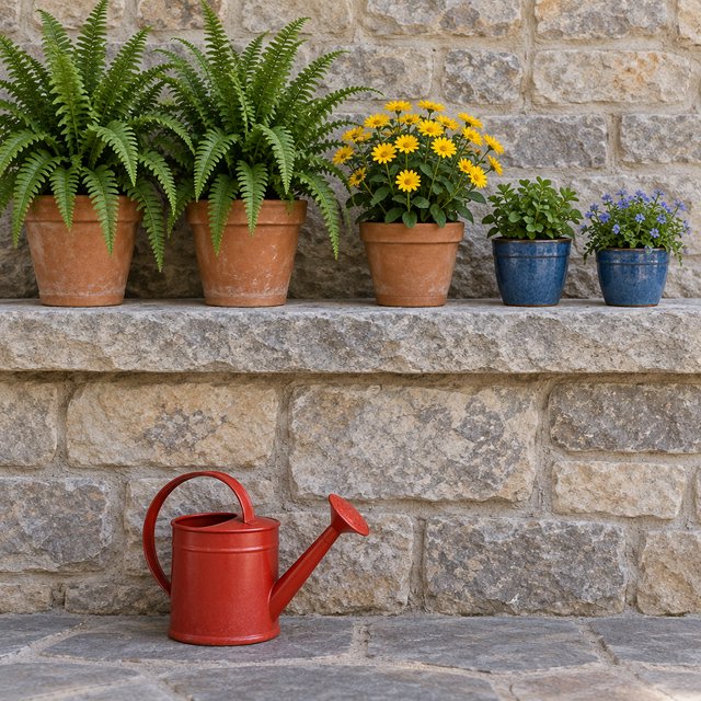 Exactly five potted plants stand on a stone ledge: two tall green ferns on the left, one flowering yellow plant in the center, and two small blue pots on the right. A red watering can sits below, nothing else. — GPT Image 2.5 Sunburst