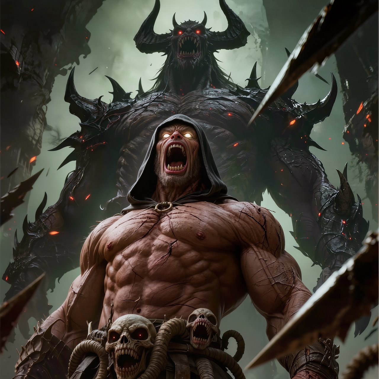 A colossal muscular berserker erupts in a primal roar, framed from the waist upward at a dramatic low angle. His head tilts back, glowing ivory eyes fixed upward, mouth stretched impossibly wide with clearly defined teeth and a cavernous dark interior. A close-fitting black hood frames his angular face, while his bare bronze-red torso displays monumental musculature, fine scars, and jagged surface fissures. Both upper arms thrust outward, elbows and hands beyond the frame, creating a broad, forceful silhouette. Behind him looms a towering obsidian demon with a crown of needlelike horns, scattered ember eyes, a serrated grin, and massive shoulders formed from twisted organic armor. Smaller snarling creatures coil across the lower foreground, their skull-like heads and hooked tendrils overlapping his waist. Razor-shaped fragments sweep diagonally through the scene, directing attention toward his illuminated face and chest. A ruined abyss recedes through smoky olive-green and charcoal haze. — Kling v3