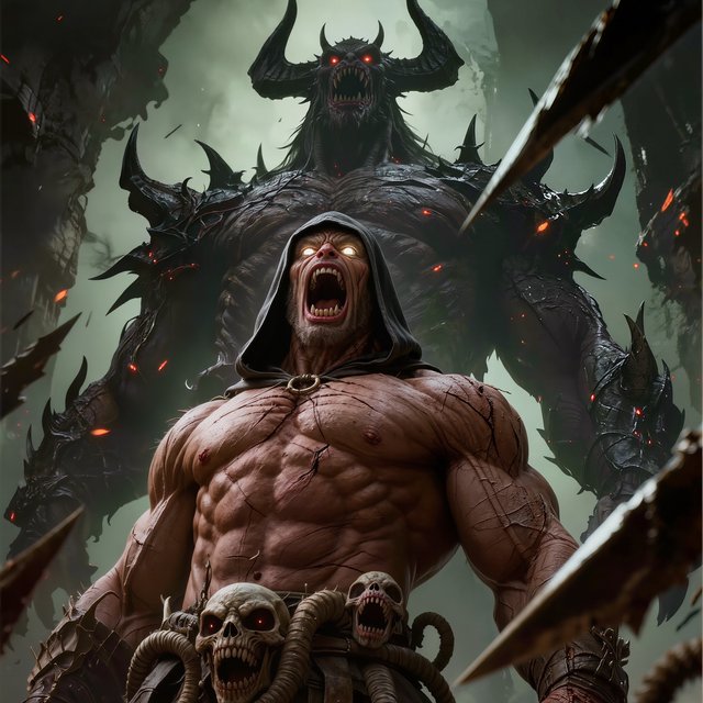 A colossal muscular berserker erupts in a primal roar, framed from the waist upward at a dramatic low angle. His head tilts back, glowing ivory eyes fixed upward, mouth stretched impossibly wide with clearly defined teeth and a cavernous dark interior. A close-fitting black hood frames his angular face, while his bare bronze-red torso displays monumental musculature, fine scars, and jagged surface fissures. Both upper arms thrust outward, elbows and hands beyond the frame, creating a broad, forceful silhouette. Behind him looms a towering obsidian demon with a crown of needlelike horns, scattered ember eyes, a serrated grin, and massive shoulders formed from twisted organic armor. Smaller snarling creatures coil across the lower foreground, their skull-like heads and hooked tendrils overlapping his waist. Razor-shaped fragments sweep diagonally through the scene, directing attention toward his illuminated face and chest. A ruined abyss recedes through smoky olive-green and charcoal haze. — Kling v3