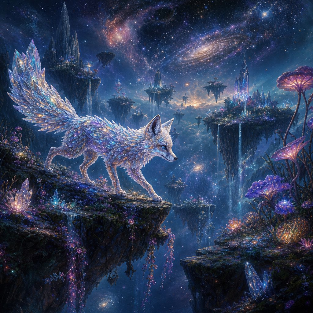 An ethereal fox with crystalline fur navigates a landscape of floating islands. Waterfalls cascade into the starry abyss below, and strange, alien flora sprouts from glowing rocks. This is a magical realism painting, infused with the wonder of distant galaxies. — GPT Image 2