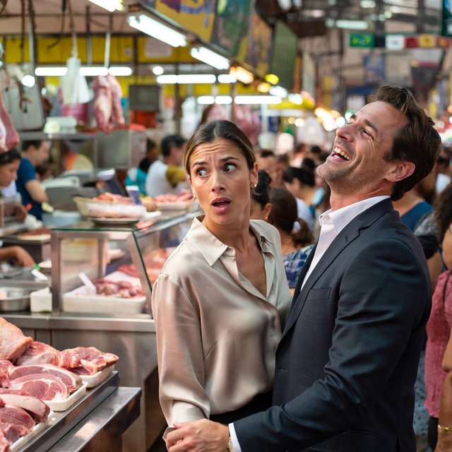 Glamorous adult couple browsing an exotic meat market. The woman has a look of pure surprise at what is on sale. The man just laughs at her reaction! The market is busy and well lit. — ImagineArt 2