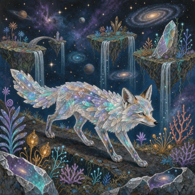 An ethereal fox with crystalline fur navigates a landscape of floating islands. Waterfalls cascade into the starry abyss below, and strange, alien flora sprouts from glowing rocks. This is a magical realism painting, infused with the wonder of distant galaxies. — FLUX 3 Image