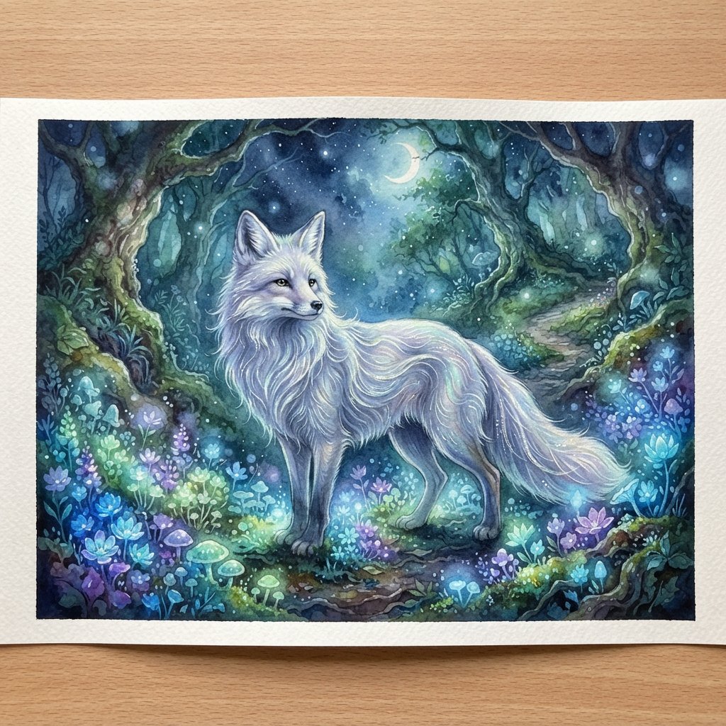 A majestic fox with fur like spun moonlight, standing in a clearing bathed in ethereal light. Bioluminescent flowers bloom around its paws, casting a soft, otherworldly glow. The scene is rendered in a detailed watercolor illustration style, with delicate brushstrokes and a muted, mystical color palette. Cinematic lighting emphasizes the magical ambiance. — Nano Banana 2 Lite