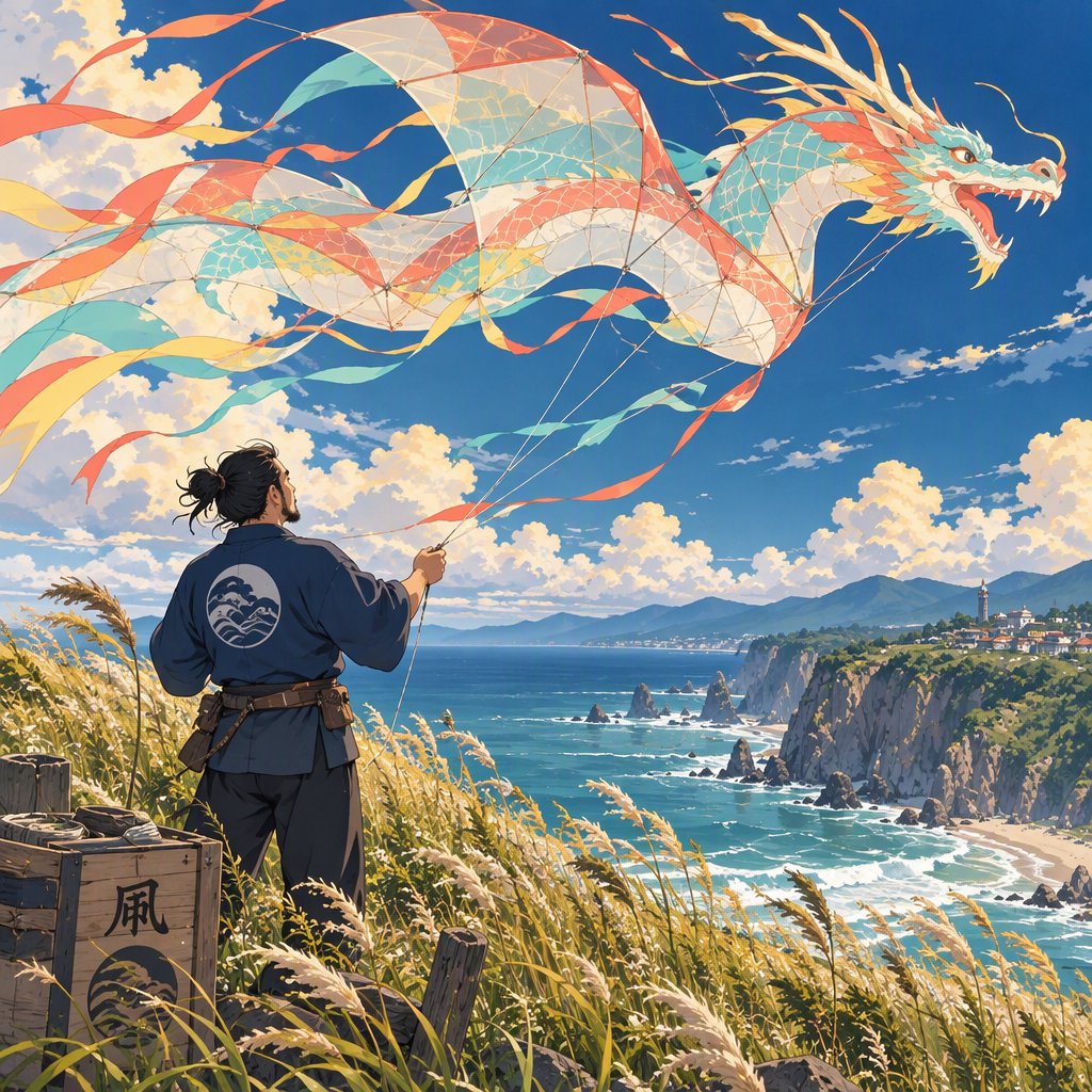 Cel-shaded anime illustration of an adult kite maker testing a vast translucent dragon-shaped kite on a windy coastal bluff, ribbons streaming above wild grasses and distant cliffs. Palette of coral, turquoise, butter yellow, and deep blue, with clean contours and a luminous sky. — GPT Image 2.5 Sunburst