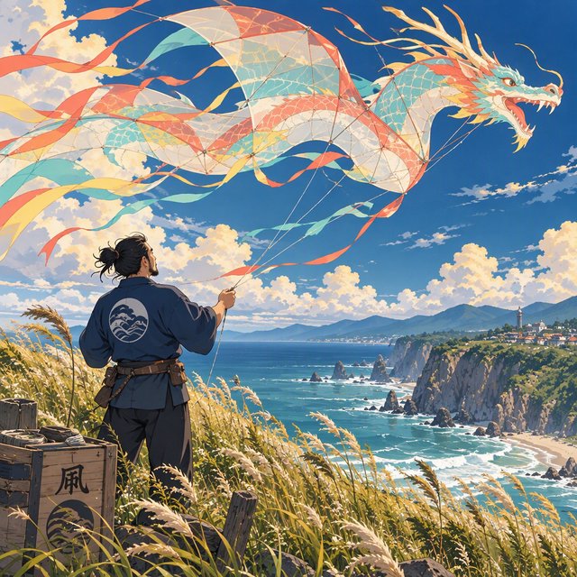 Cel-shaded anime illustration of an adult kite maker testing a vast translucent dragon-shaped kite on a windy coastal bluff, ribbons streaming above wild grasses and distant cliffs. Palette of coral, turquoise, butter yellow, and deep blue, with clean contours and a luminous sky. — GPT Image 2.5 Sunburst
