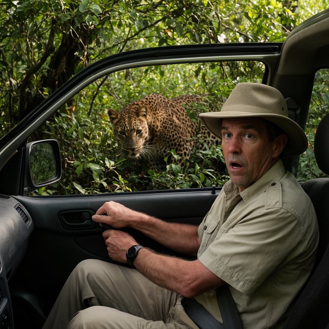 An adult on a jungle safari in his car, with a leopard lurking behind him in the bushes — Krea 2 Large