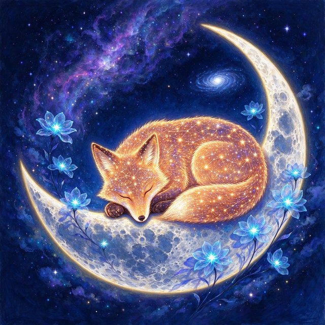 A miniature, intricately detailed fox crafted from living constellations, curled asleep atop a crescent moon. Surrounding it are delicate, bioluminescent flowers that pulse with gentle light, casting intricate shadows. The background is a deep indigo sky filled with swirling nebulae and distant, twinkling stars. The overall aesthetic is dreamlike and whimsical, with a painterly finish and a touch of cosmic wonder. — Seedream 5.0 Flash