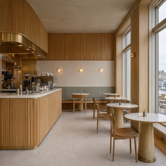 Inside an empty harbor café, restrained Danish modern design pairs ash slat screens, pale terrazzo, and brushed brass; overcast window light reaches the counter, viewed from the entrance, with aligned joinery and believable supports. — Model 18