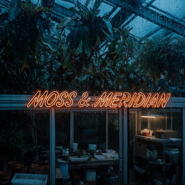 Inside a rooftop greenhouse at blue hour, tropical leaves crowd iron beams above a quiet potting bench; "MOSS & MERIDIAN" glows in warm amber neon along the glass entrance, with rain beads catching the light. — Krea 2 Large