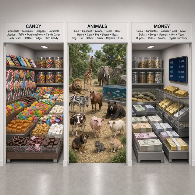 Realistic. Three scenes in one. 1) A room filled with many types of candy. 2) A room filled with many kinds of animals. 3) A room filled with all kinds of money. Above each room, a list names what is inside. — FLUX 3 Image