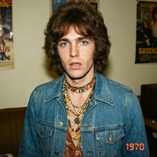 Create an image of a man in the quintessential style of 1975. Style his hair, clothing, accessories, and surroundings to reflect the distinctive look of the mid-1970s—featuring bold silhouettes, eye-catching accessories, layered details, and characteristic colors and textures. Give the image the feel of an authentic 1975 photograph, complete with analog film grain, faded colors, direct flash lighting, and a slight soft-focus effect. Add a period-accurate, red-orange date stamp in a 1970s style in one of the bottom corners. No recognizable posters. No modern objects or text. — Qwen Image 3.0 Pro