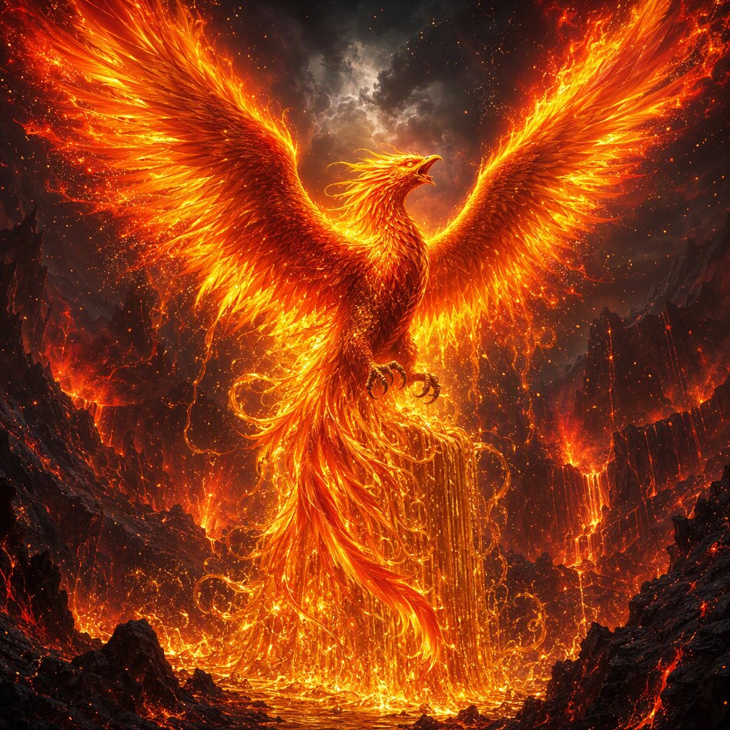 A majestic phoenix rising from a cascade of molten gold and shimmering embers against a backdrop of a dark, volcanic caldera. Its feathers are ablaze with brilliant oranges, reds, and fiery yellows. The air around it crackles with heat and energy. Style: Epic fantasy art with dynamic composition and vibrant color contrast — GPT Image 2