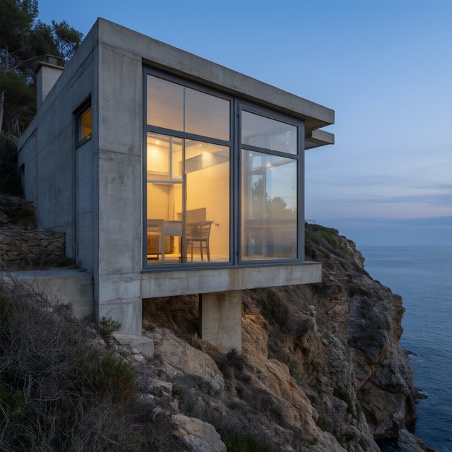 Exterior of a small concrete-and-glass house on a cliff above the sea, dusk, interior lights on, architectural photography. — Qwen Image 3.0
