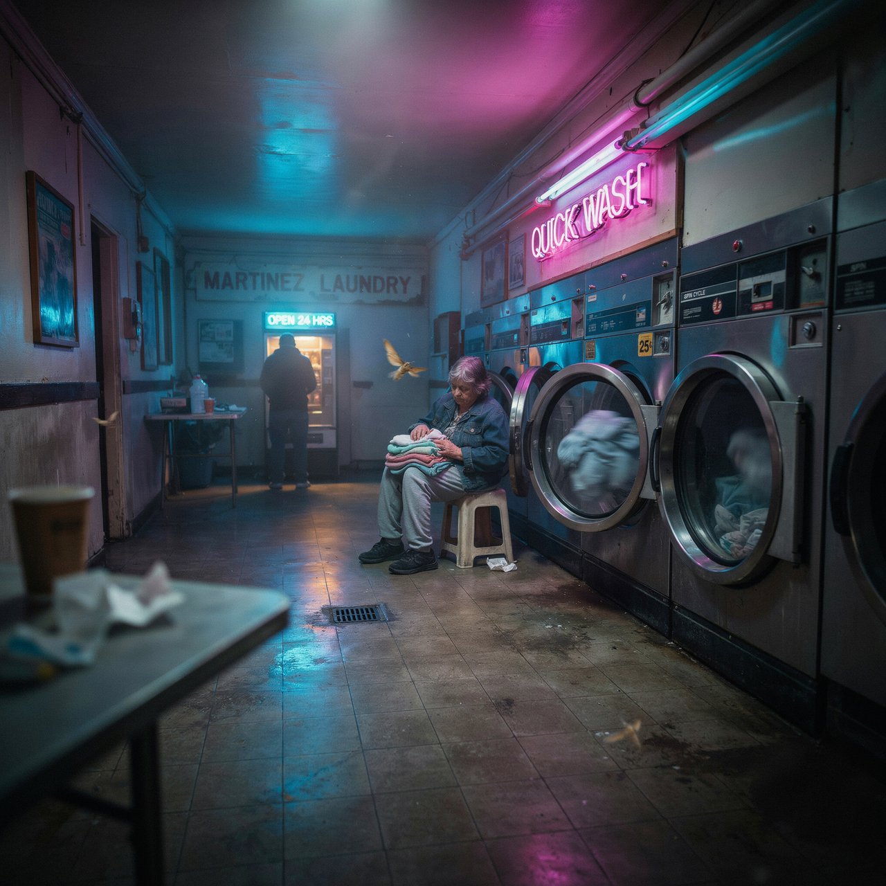 Neon washes a nearly empty overnight laundromat, reflections trembling across tiled floor and spinning steel drums. A handheld street snapshot under magenta and cyan tubes, shot at 35mm with moderate depth of field, catches lint drifting in the air. — Ideogram v4