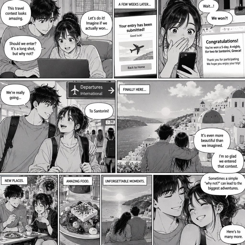 A realistic manga about a couple who entered a contest and ended up winning a trip to a place they always wanted to go. — GPT Image 2.5 Sunburst