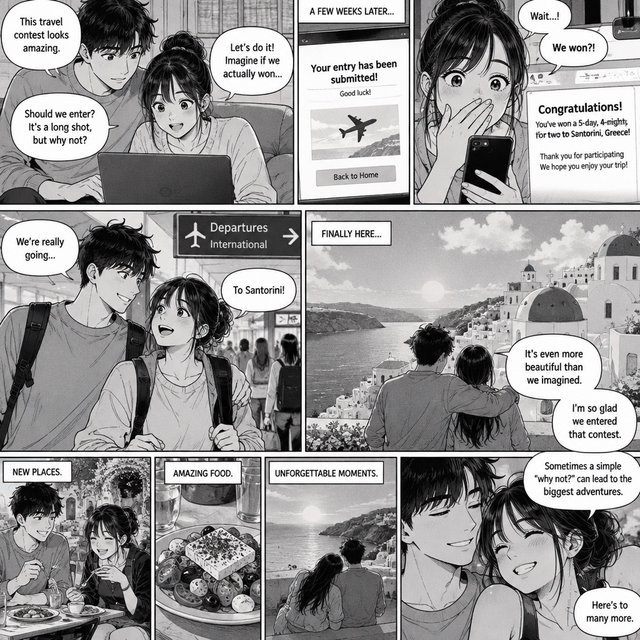 A realistic manga about a couple who entered a contest and ended up winning a trip to a place they always wanted to go. — GPT Image 2.5 Sunburst