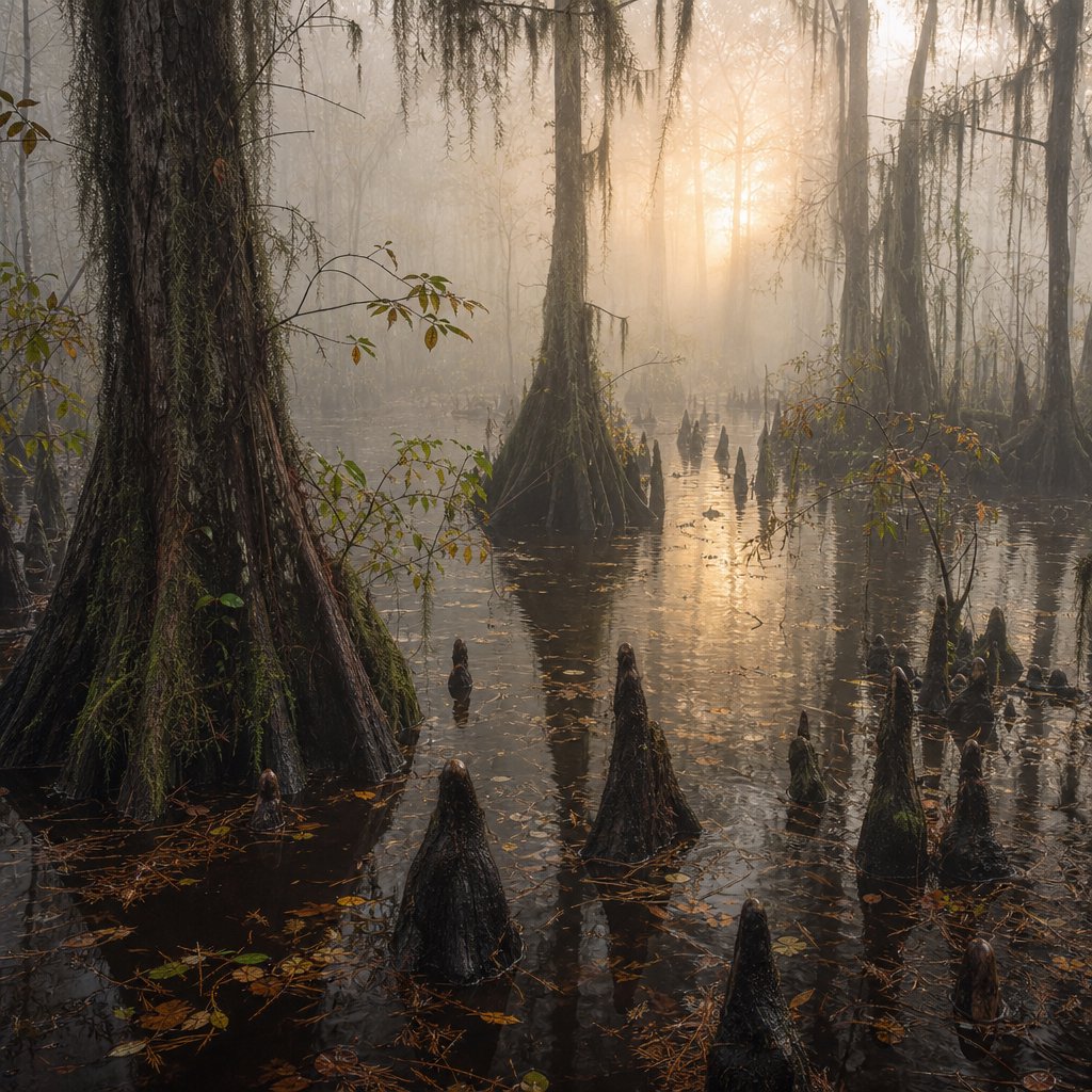 A cypress swamp at foggy sunrise after overnight drizzle, dark tea-colored water threading between moss-draped trunks; slick root knees and floating leaves lead toward pale trees disappearing into layered mist. — GPT Image 2
