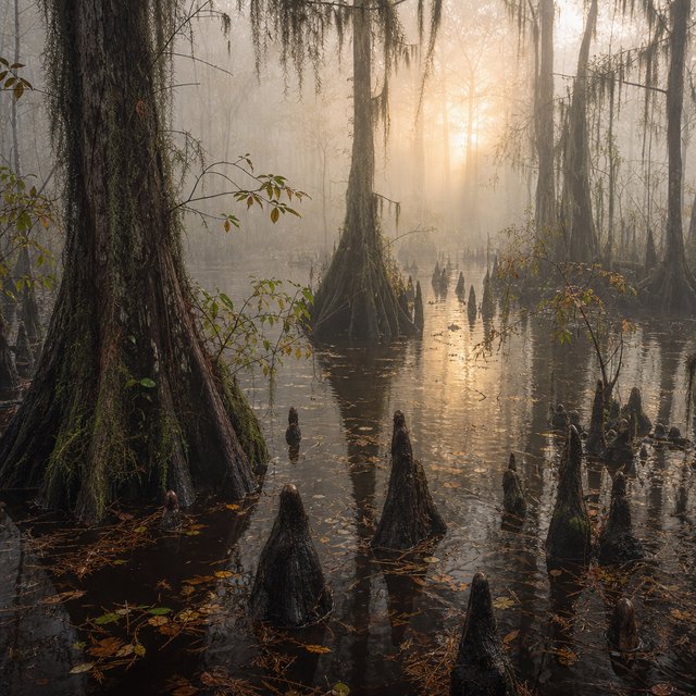 A cypress swamp at foggy sunrise after overnight drizzle, dark tea-colored water threading between moss-draped trunks; slick root knees and floating leaves lead toward pale trees disappearing into layered mist. — GPT Image 2