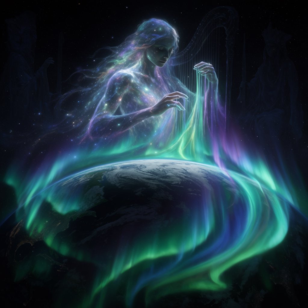 A cinematic wide-angle shot of an ethereal, gigantic adult female entity composed of stardust and nebulae. She hovers in the deep black of space, directly above the curvature of the Earth. Her fingers move like a harpist's, weaving luminous, emerald-green and violet aurora threads directly into the Earth's atmosphere. The polar lights appear like liquid silk, wrapping themselves around the planet. Realistic play of light, mystical atmosphere, bioluminescent colors, deep indigo and neon green. — Krea 2 Large