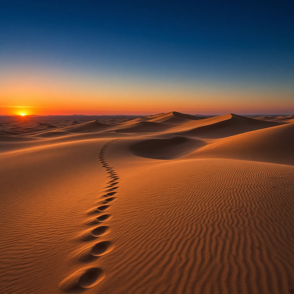 Sand dunes at sunset with wind-blown ridges, one set of footprints, deep blue sky fading to orange. — Grok Imagine Image 2