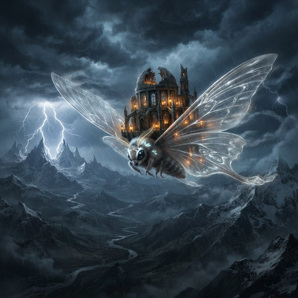 A colossal moon-moth creature glides above a stormy mountain range, its translucent wings glowing with silver veins and carrying a ruined observatory on its back. Lightning silhouettes distant peaks while amber lanterns shimmer through rain and cloud. — Nano Banana 2 Lite