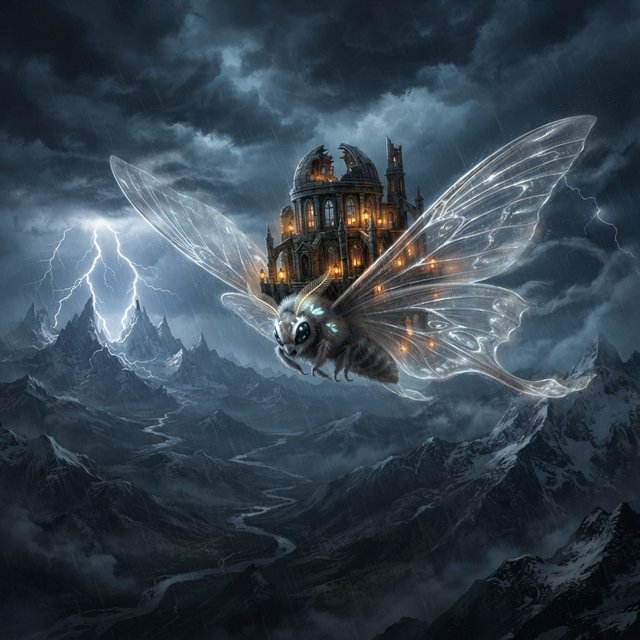 A colossal moon-moth creature glides above a stormy mountain range, its translucent wings glowing with silver veins and carrying a ruined observatory on its back. Lightning silhouettes distant peaks while amber lanterns shimmer through rain and cloud. — Nano Banana 2 Lite